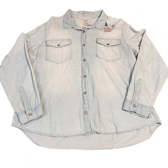 Faded Glory Tops - Denim Chambray Floral Embroidered Button Down Shirt XXL